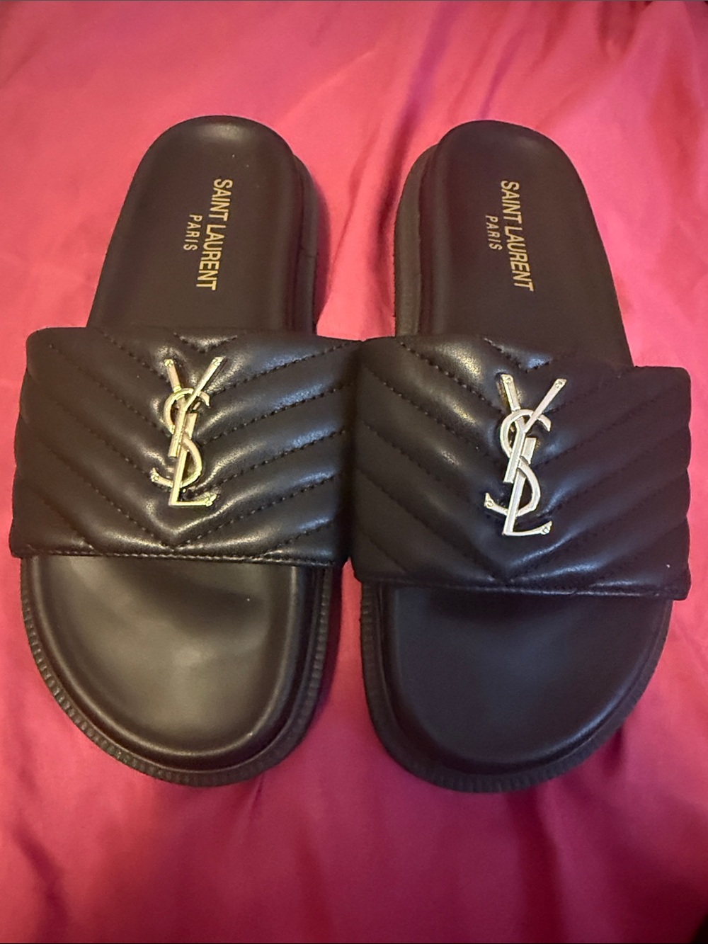 Saint Laurent Black Quilted Slide Sandals with Gold YSL Emblem
